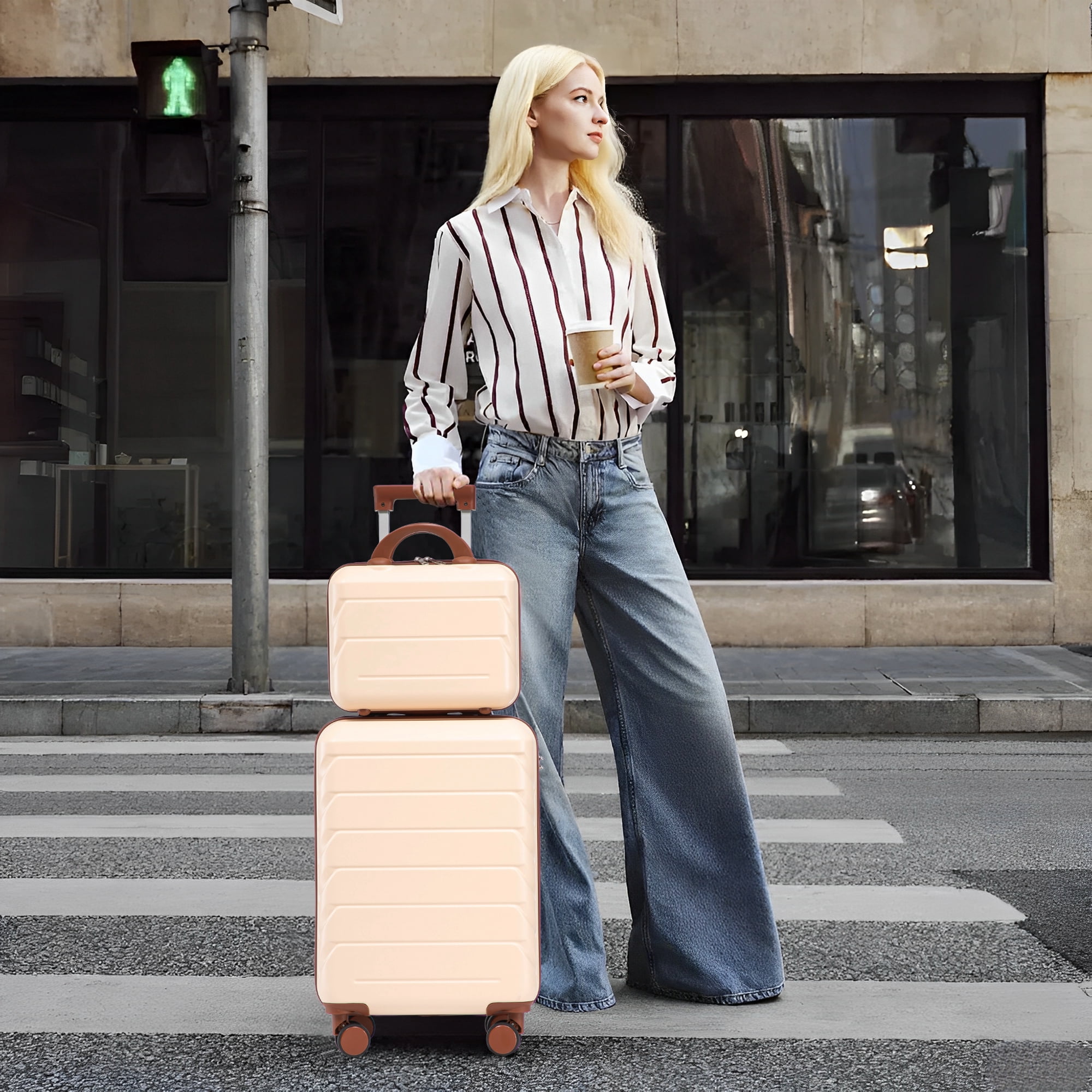 2 PCS ABS Luggage Set, 20" Hard Shell Suitcase + 14" Cosmetic Case, 360° Silent Spinner Wheels, Combination Lock, 3-Step Telescopic Handle, Anti-Scratch Waterproof Travel Luggage
