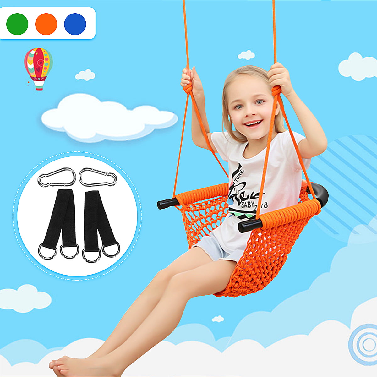 Orange Nest Swing Set Round Netted Seat Toy Outdoor Indoor Swings Up to 150 kg Adjustable Web Rope Hanging Tree Backyard Garden for Children 3 4 5 6 7 8 9 Year Old Boys Girls Kids Oxford