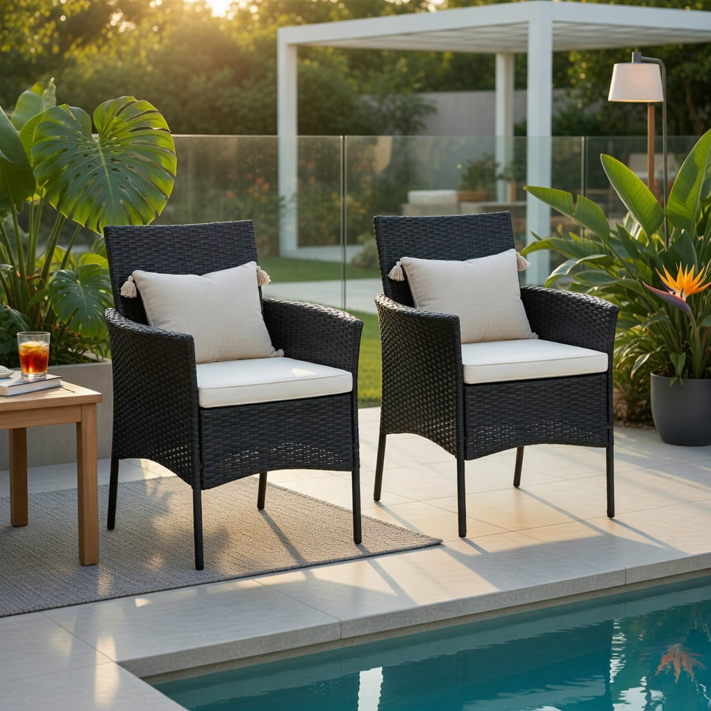Hommoo 2-Pack Outdoor Wicker Patio Chairs with Off-White Cushions, Weatherproof PE Rattan, Steel Frame, Ideal for Backyard, Poolside & Garden, Black