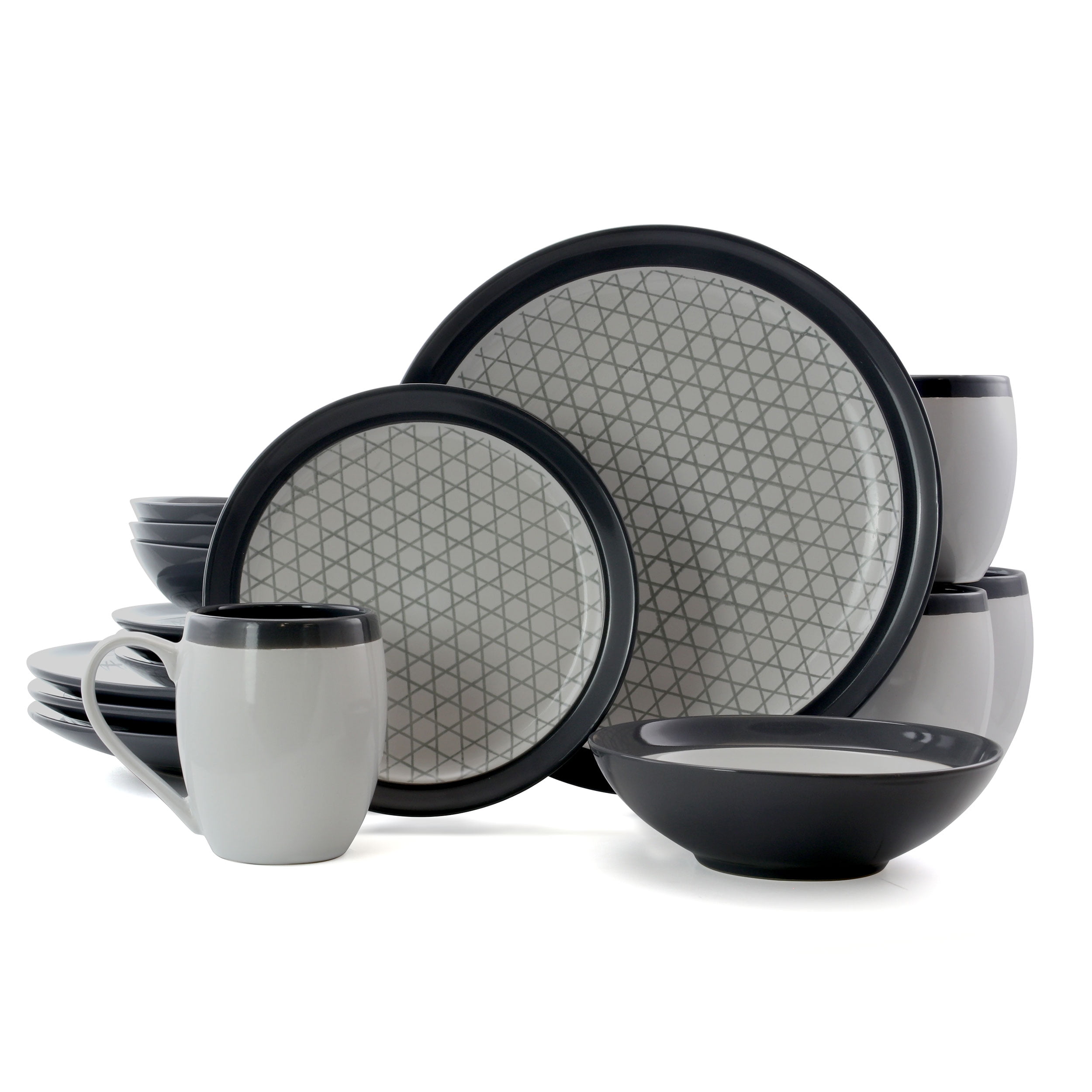 Elama Fine Lines 16 Piece Stoneware Round Dinnerware Set in Grey