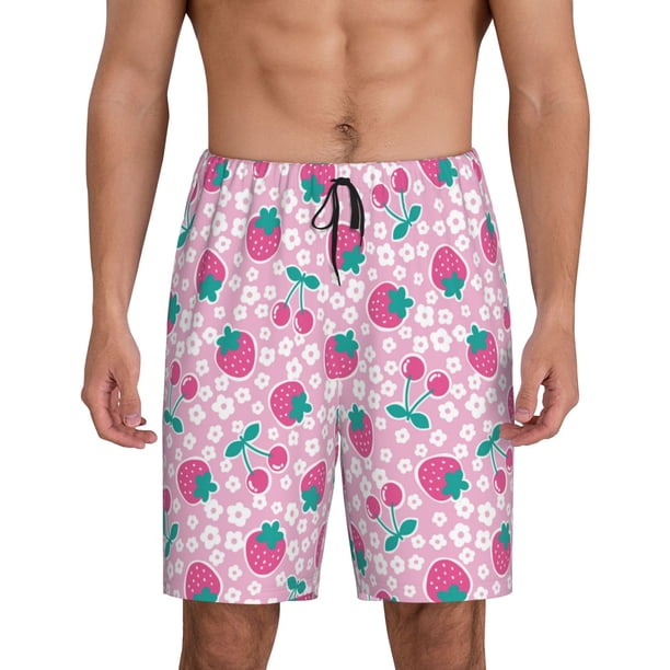 Balery Cherry Strawberry Pantalones cortos de pijama de punto de algodón para hombre con cinturilla y bolsillos-3X-Large