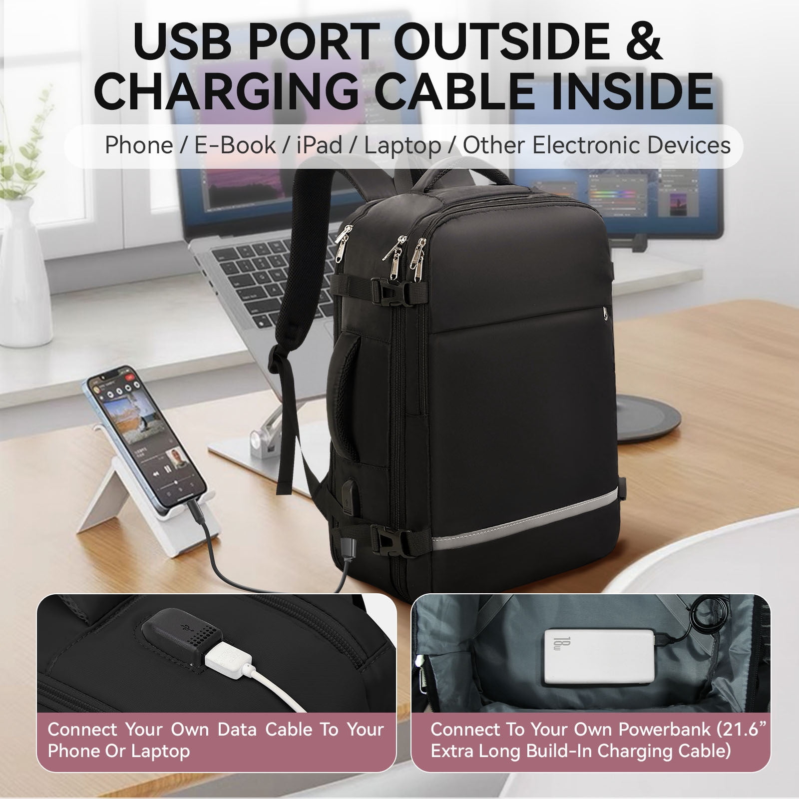 XJ-HOME Travel Backpack for Women, Flight Approved Carry On Backpack, Person Item Suitcase Backpack, 15.6" Laptop Backpack with USB Charging Port, Weekender College Daypack for Business Hiking, Black