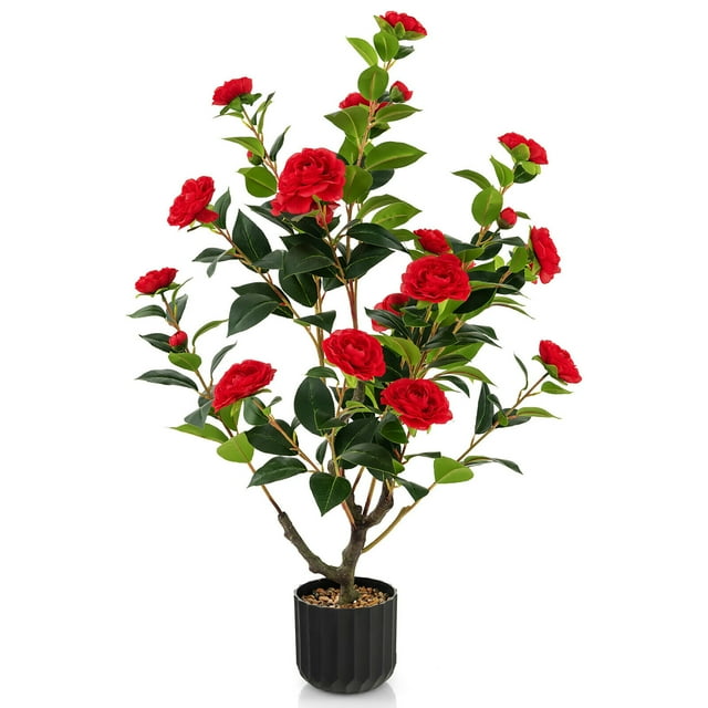Gymax 38'' Artificial Camellia Tree Faux Floral Plant Fake Tree for Decoration Red