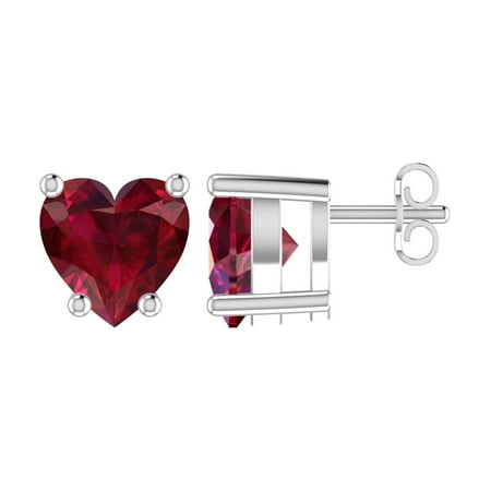 Heart Shaped Ruby Earrings - Solid Sterling Silver 5mm Heart Shaped Natural Ruby High Polished Stud Earrings with Push Backs