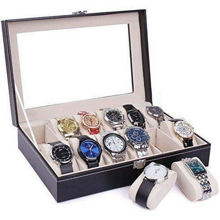 Ktaxon Portable 12 Slots Watch Box Top Jewelry Storage Display Case Black