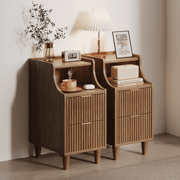 Oxirth 2PC Narrow Nightstand, 11.8" Fluted Bedside Tables with 2 Drawers & Open Shelf, Slim Mid-Century Modern End Table for Bedroom, Living Room, Office – Walnut & Gold Accent
