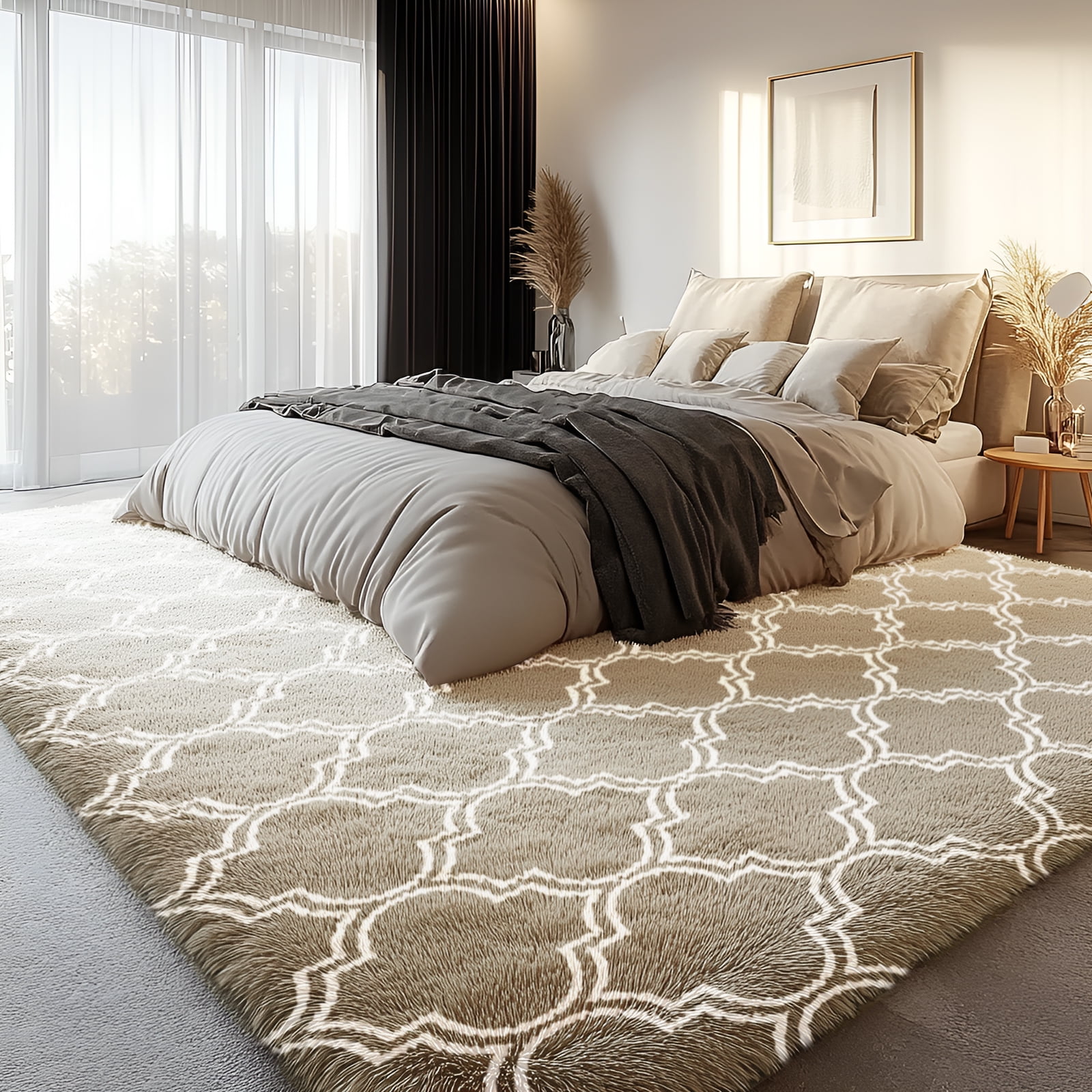 Pentantan 8ft x 10ft Geometric Shag Area Rugs for Living Room, Moroccan Fluffy Bedroom Carpet, Camel & White