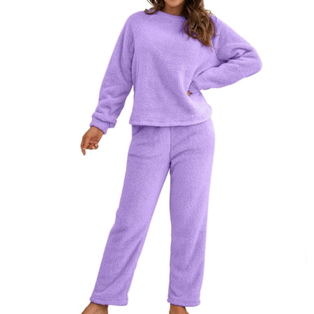 Previn Women s Cute Fuzzy Pajama Set Fleece Fuzzy Pj Soft Long Sleeve Stretchy Comfy Casual Pant Warm 2 Piece Warm Winter Plush Sleepwear Purple Small