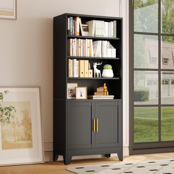 Tall Metal Bookcases and Bookshelves with Doors and Adjustable Shelves，Tall Storage Cabinet Industrial Bookshelf  Open Display Shelf，Decor Furniture for Living Room, Bedroom