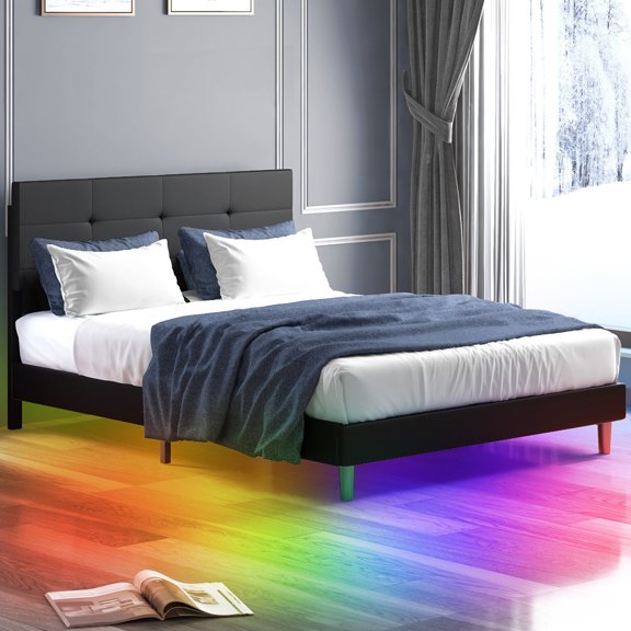 BALUS Full Bed Frame with RGB LED Light Underneath, Platform with Headboard, Controlled by Alexa or APP, Solid Wood Slats Support, Easy Assembly, No Box Spring Needed, Black