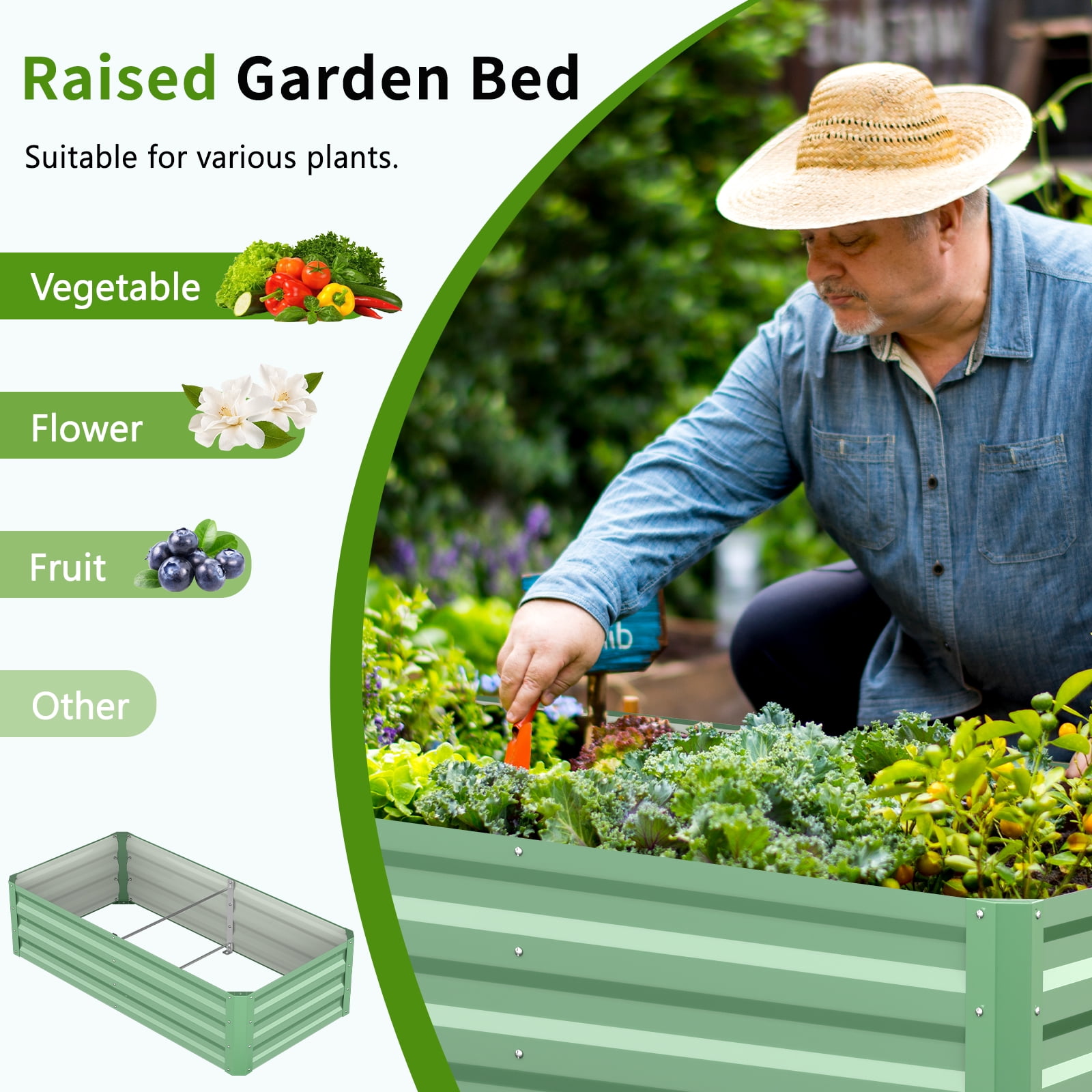 MOPHOTO 3 in 1 Raised Garden Bed with 87in Tall Arch Trellis for Climbing Plants, Galvanized Planter Garden Box Outdoor for Gardening, Climbing Vegetables, Flower, Green
