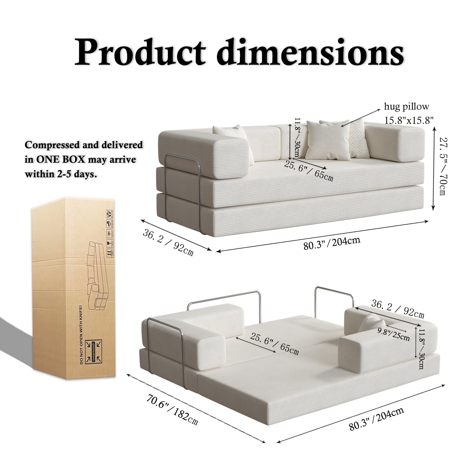 Lodeija 80.3" 5-in-1 Convertible Futon Sofa Bed, White Corduroy Tatami Sleeper Couch for Small Spaces, 2 Pillows