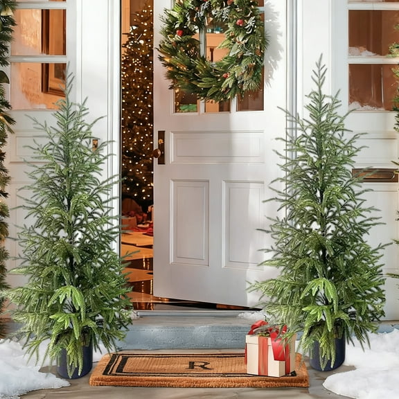 Norfolk Pine Christmas Tree Real Touch Faux Holiday Tree with Pot, Realistic Indoor Outdoor Decoration for Entryway, Living Room, Office, Apartment (4FT- 2Pack)