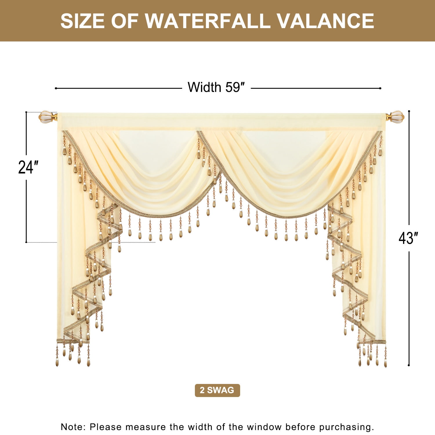 VOGOL Vintage Waterfall Valance for Kitchen Window, 59 inches Wide Light Filtering Privacy Sheer Curtains with 2 Swags, Rod Pocket Drapes for Dining Room, 1 Panel, Brown