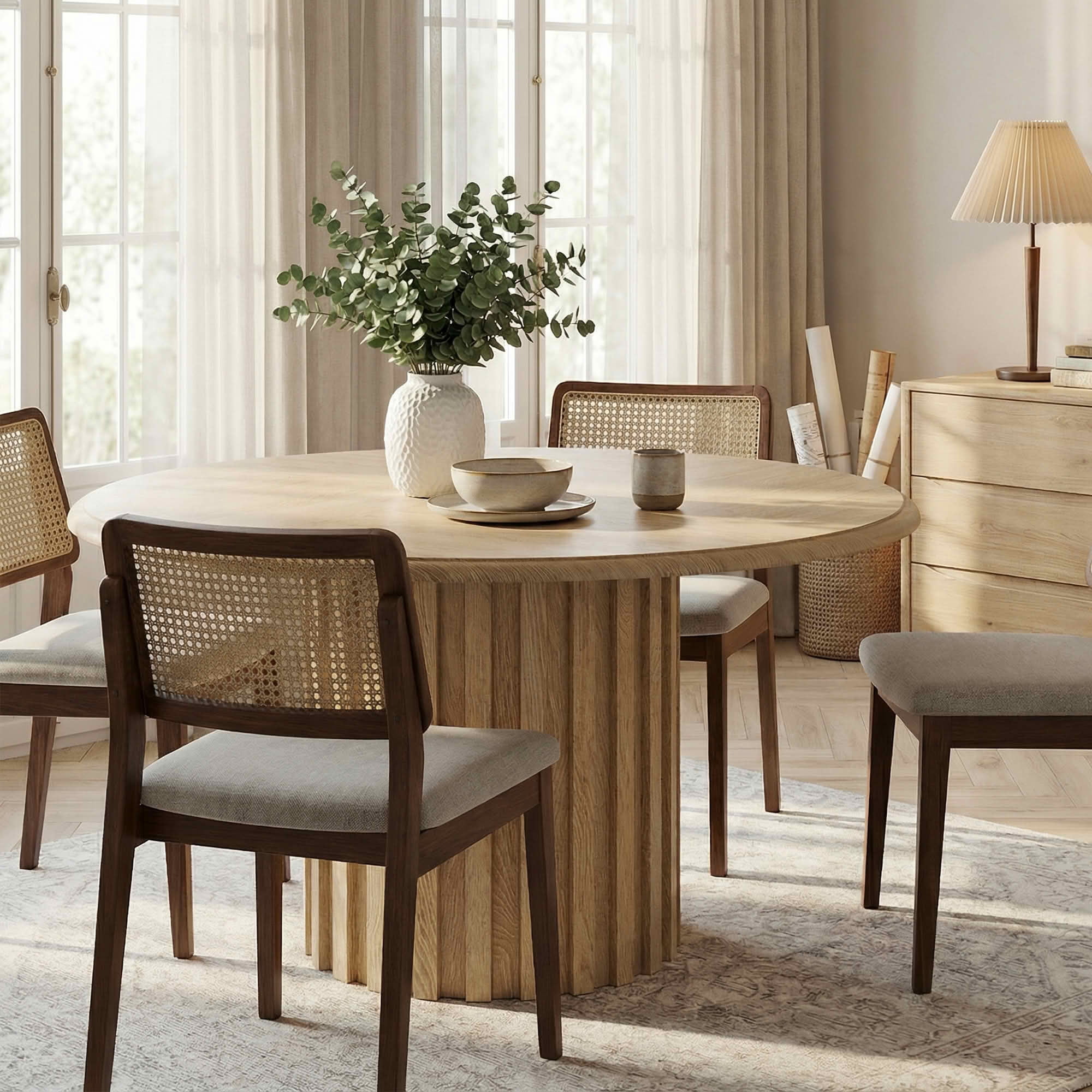 MAYEERTY 47.24 Inch Farmhouse Round Dining Table for 4 to 6 People, Wooden Look Dinner Table with Reinforced Metal Pedestal Base for Kitchen Dining Room
