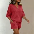 thumbnail image 6 of Women's Cotton Elastic Waist Two Piece Outfit V Neck Ruffle Short Sleeve Top with Shorts, Solid Casual Summer Set, Lounge Maternity Activewear Shorts | VerBelle,Red S, 6 of 8