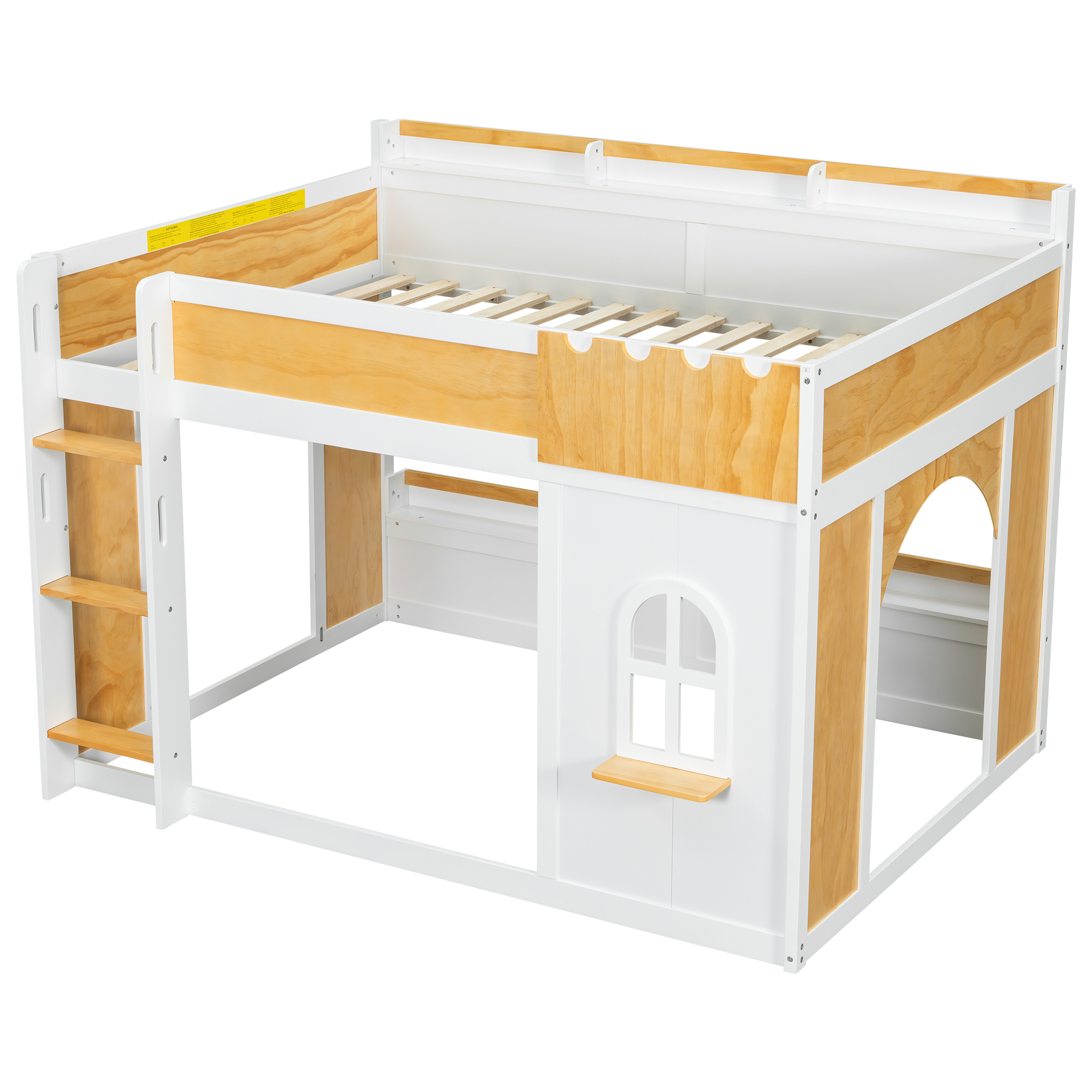 Euroco Wood Full over Full Bunk Bed with Storage Shelves, House Shaped Design Loft Bed, White & Natural