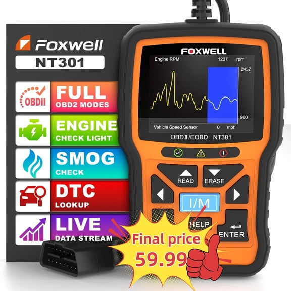 Foxwell NT301 OBD2 Scanner Check Engine Light Read Clear Error Code Reader OBDII Auto Diagnostic Scan Tools Freeze Frame O2 Sensor Monitor Live Data On-board Monitor Test