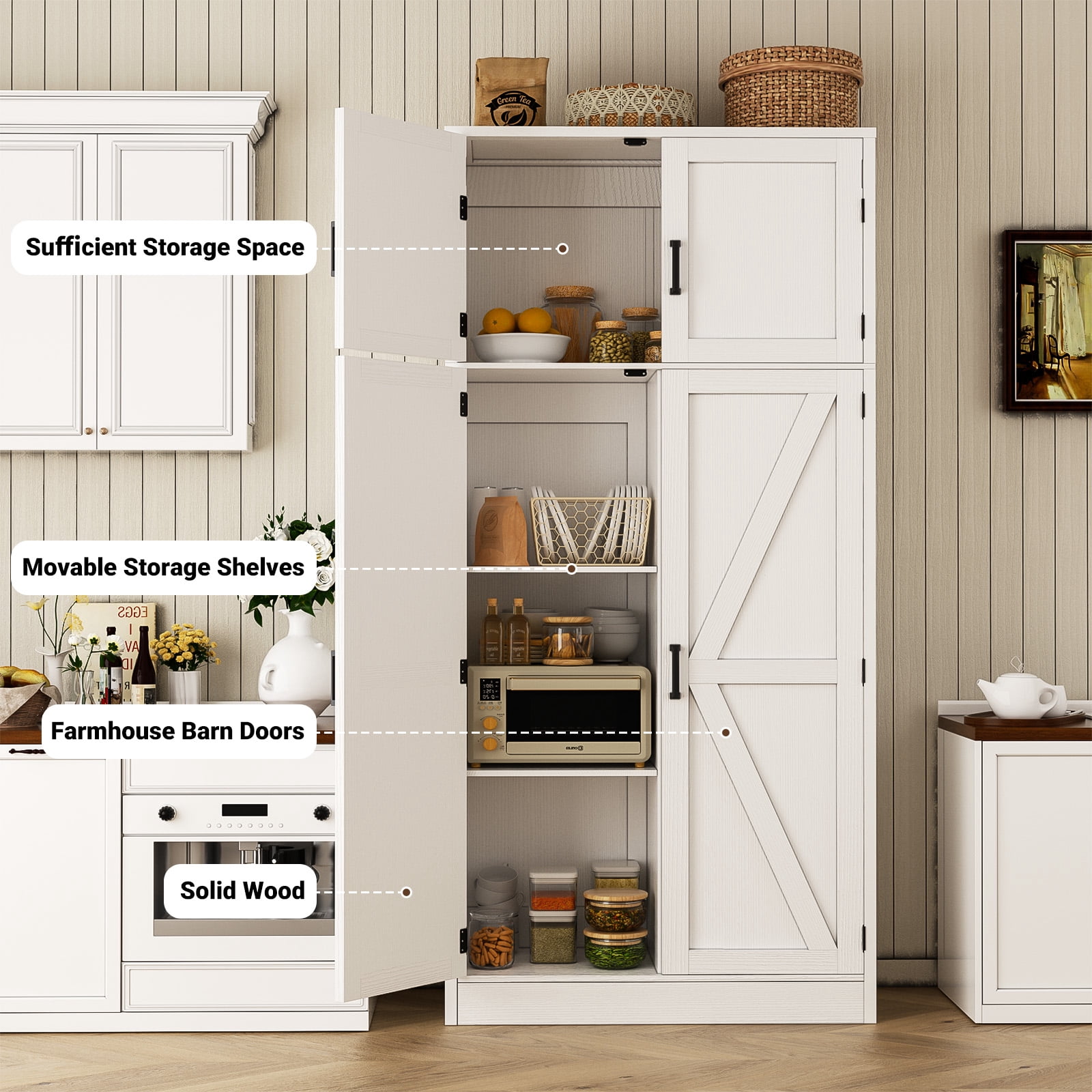 Homieasy 71” Tall Farmhouse Kitchen Pantry Cabinet with Adjustable Shelves and Barn Doors, Versatile Storage Cabinet for Dinning Room, Bathroom, Living Room, White
