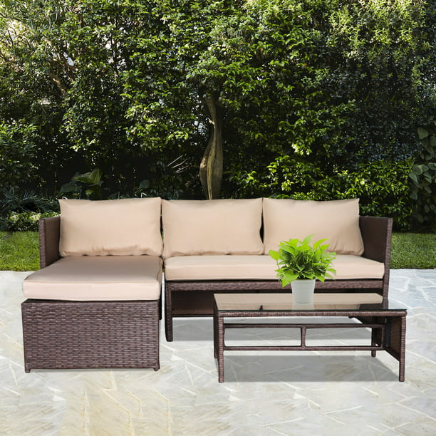 3 Pieces Outdoor Pe Rattan Wicker Patio, Outdoor Patio Couch With Chaise