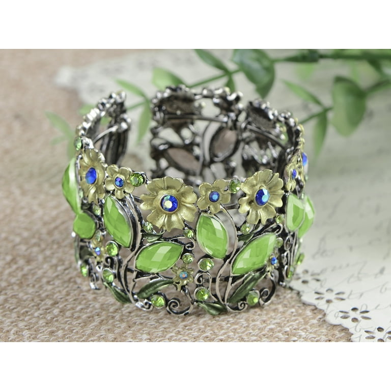 Antique Floral Green Blue Crystal Rhinestone Yellow Flower
