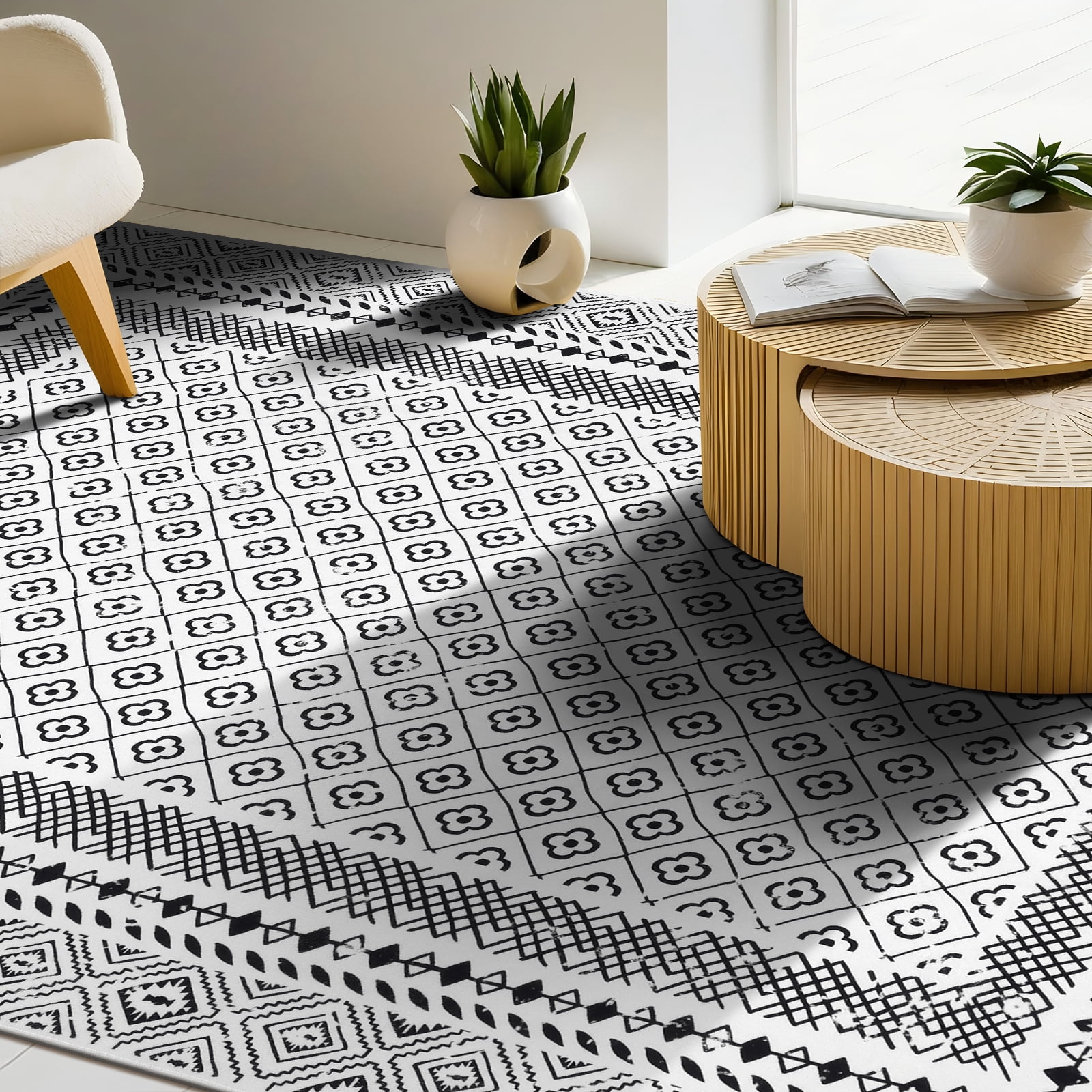 MeyJey 9'x12' Boho Floral Large Area Rug, Machine Washable Vintage Throw Rug, Non-Slip Stain Resistant Oriental Traditional Carpet for Living Room Bedroom Dining Room Office, White/Black
