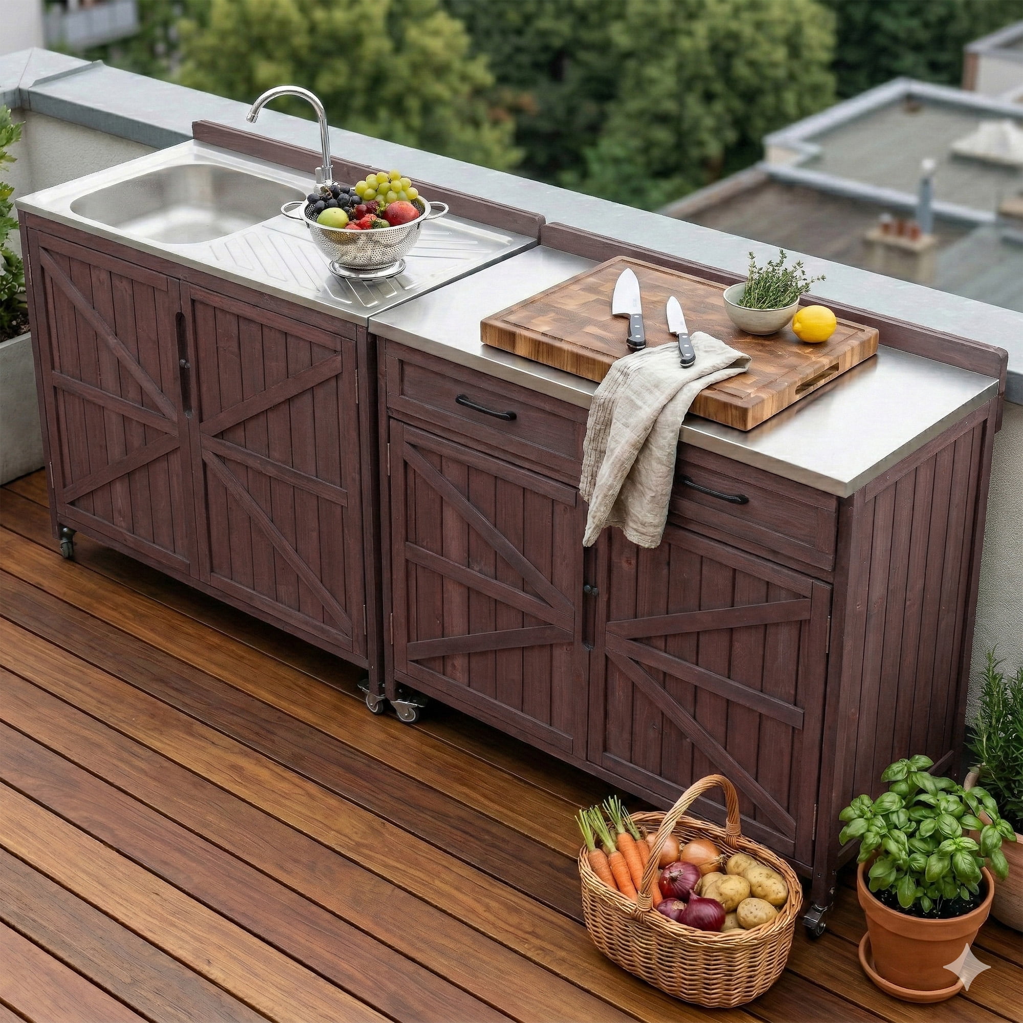 Mintazer 39.4" Outdoor Kitchen Island with Stainless Table Top & Storage Racks, Storage Kitchen Cabinet with Drawer & Adjustable Shelves, Brown