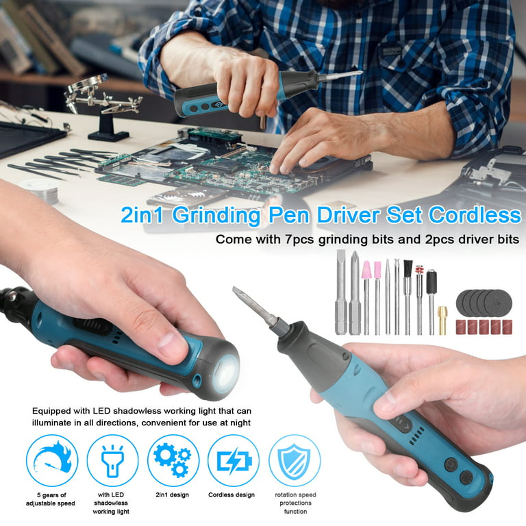 OWSOO 2in1 Grinding Pen Driver Set Cordless Type-C Rechargeable Multi-use  Electric Power Tool Multifunction 2Pcs Driver Bits 7Pcs Grinding Bits Kit