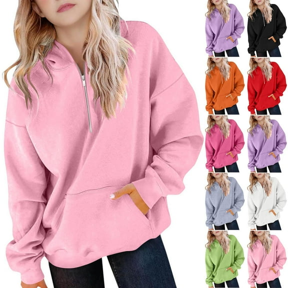 HomeDM Unisex Kids Sweatshirts - Girls Boys Quarter Zip Pullover Hoodies Sweatshirt Long Sleeve Drop Shoulder Hoodie Casual Solid Color Sweatshirts - Pink/5-6 Years