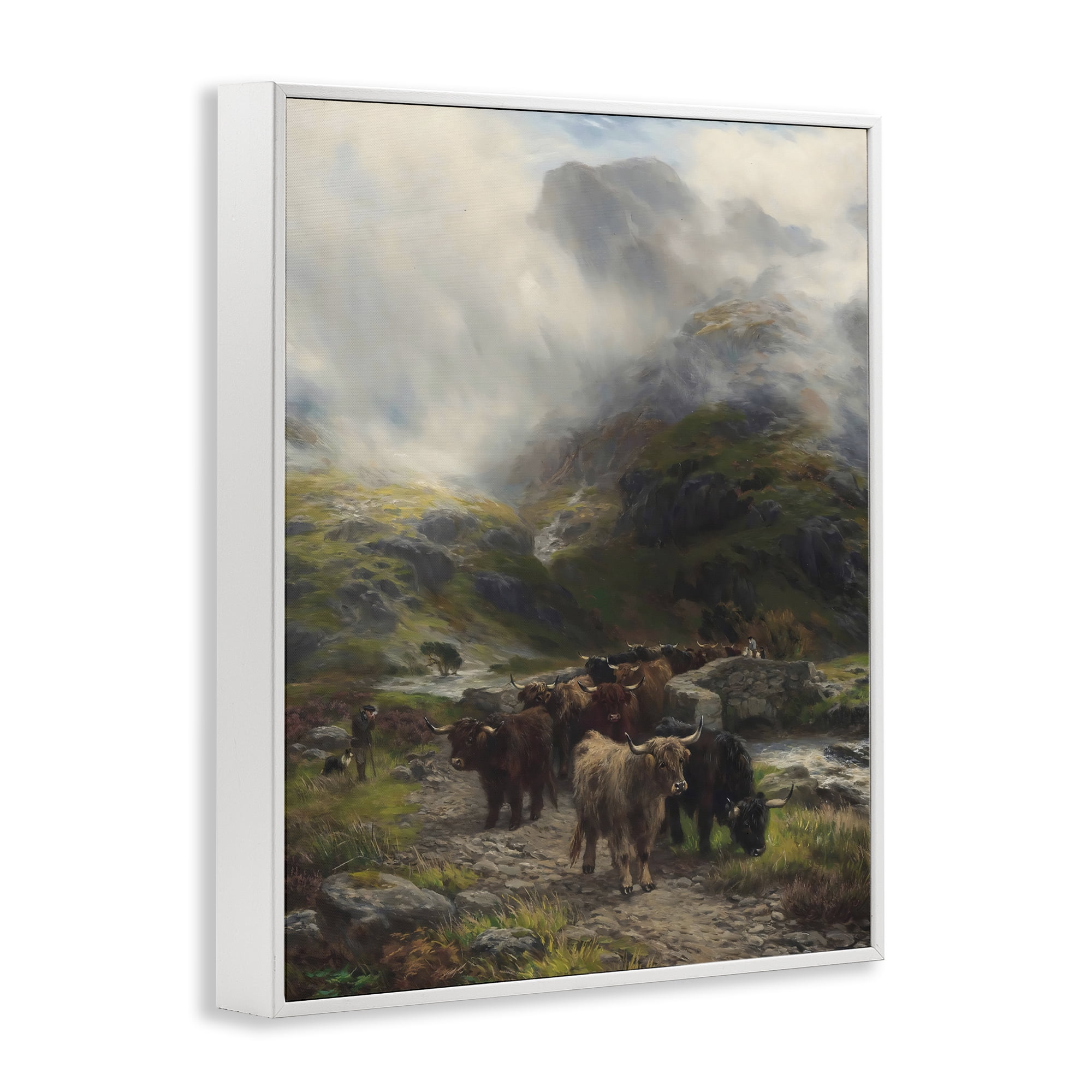 Stupell Industries Moody Highland Cows Herd White Framed Giclee Art, design by Arlington Prints