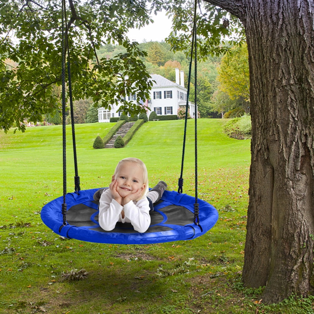 Orange Nest Swing Set Round Netted Seat Toy Outdoor Indoor Swings Up to 150 kg Adjustable Web Rope Hanging Tree Backyard Garden for Children 3 4 5 6 7 8 9 Year Old Boys Girls Kids Oxford