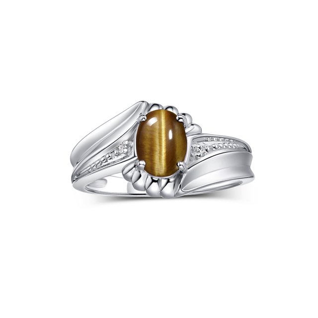RYLOS Rings for Women Sterling Silver Swirl Z Ring 7X5MM Oval Gemstone & Diamond Rings November Tiger Eye Jewelry Size 8