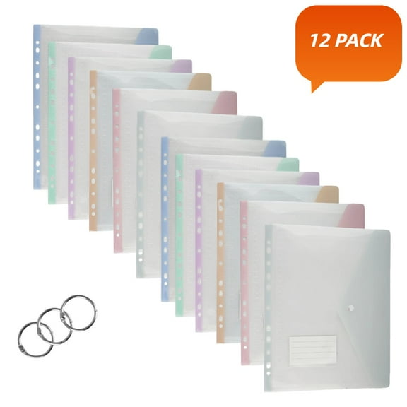 Pastel 11-Hole Binder Folders, 12 Pack Side-Opening Plastic Envelopes with Snap Button & Label, Expandable Pockets for 2/3/4 Ring Binders, Letter/A4