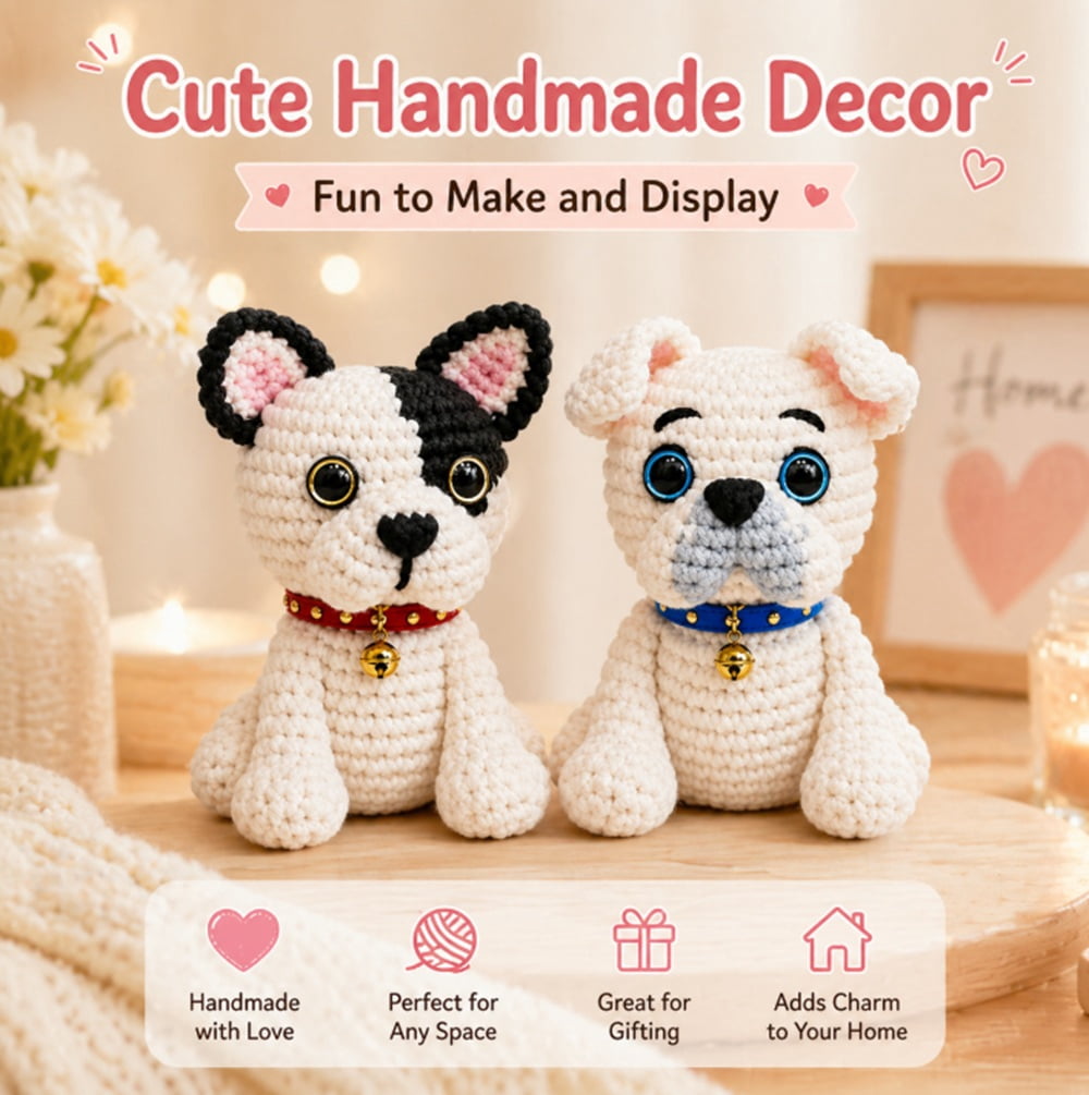 2 Pack French Bulldog Crochet Kit for Beginners, Dog Amigurumi Starter Set with Step by Step Video Tutorials, TIKA