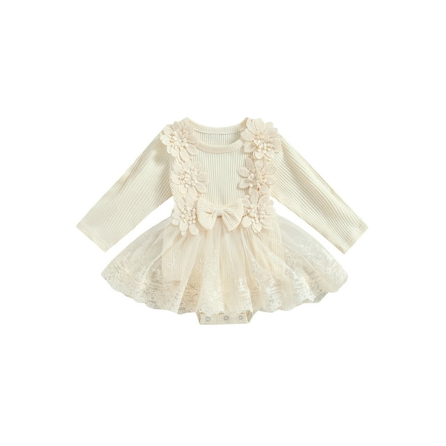 ZAXARRA Bébé Filles Robe Romper, Manches Longues Col Rond Fleur Noeud Tulle Patchwork Vêtements de Corps pour la Fête Quotidienne