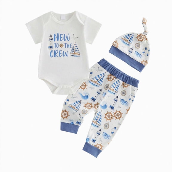 CAUYDY Baby Boys' Clothing Sets Newborn Boy Gifts Preemie Layette Set Romper Warm Hat Pants 3-Pieces Infant Pajamas Outfit 0-3M 6-9M 12-18M (Sizes 3-6 Months,Blue)