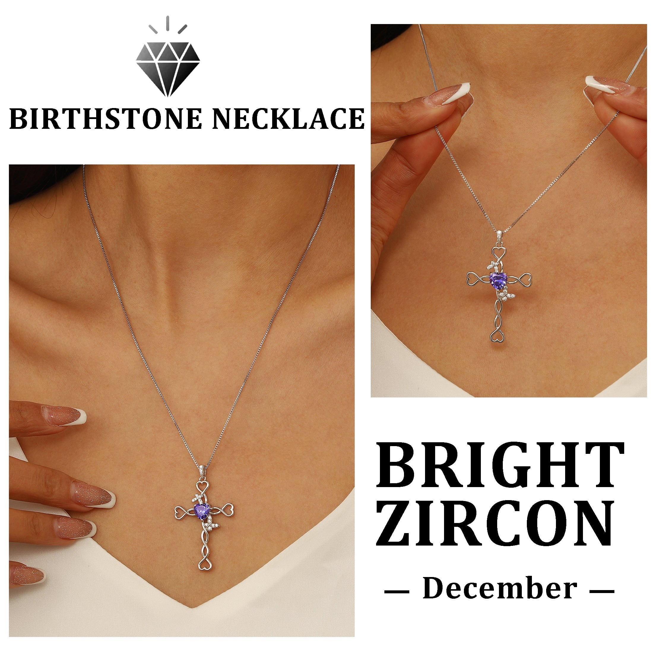 Beautlace 925 Sterling Silver Cross December Tanzanite Heart Birthstone Necklace,Butterfly Pendant Necklace Jewelry Birthday Christmas Gifts for Women/ Wife /Lover