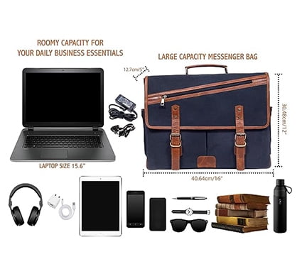 16 Inch Canvas Briefcase Vintage Leather Computer Laptop Book Large Satchel