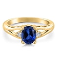 thumbnail image 3 of 18K Yellow Gold Plated Silver Blue Created Sapphire and White Lab Grown Diamond 3 Stone Engagement Ring for Women | 1.68 Cttw | Oval 8X6MM | Round 2MM | Gemstone September Birthstone | Size 9, 3 of 6