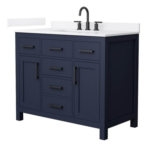 Beckett 42" Dark Blue Single Vanity & White Quartz Top (3-Hole) & Black Trim