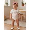 thumbnail image 4 of Cenuakty Baby Toddler Newborn Girl Summer Romper Letter Embroidery Ruffled Short Sleeve Jumpsuit with Cute Bow Headband Set, 4 of 9