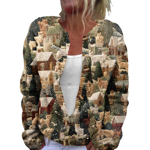 WTOBBY Women's Fashion Printed Long Sleeve Knitted Cardigan Button Down Jacket, Christmas Pattern Warm and Soft Outerwear for Casual and Party Wear,Army Green L