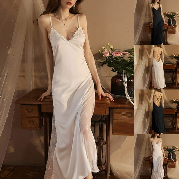 Aboser Womens Silky Satin Nightgowns Sleeveless V Neck Loungewear Spaghetti Strap Chemise Sleepwear Full Slip Long Night Dress Soft Cozy Backless Lingerie Sleepshirts