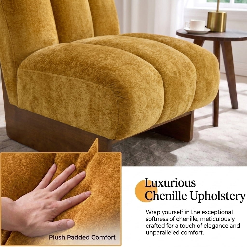 MOONMISS Modern Chenille Fabric Armchair with Wood Legs, Comfy Upholstered Reading Accent Chairs for Living Room,Yellow