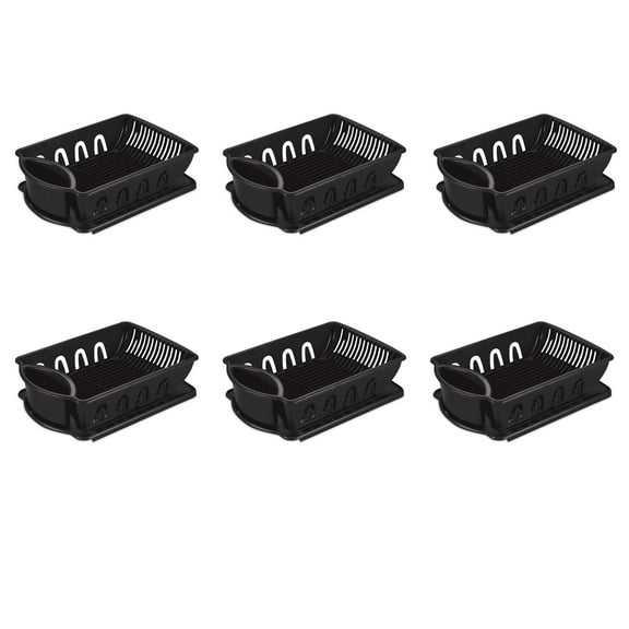 Sterilite Large 2 Piece Sink Set, Dish Drainer and Drainboard for Plates, Cups, and Flatware, Black, 6 Count