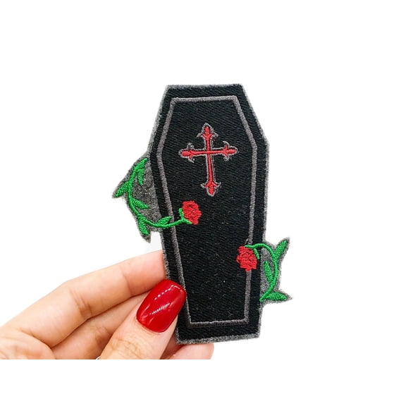 Coffin and Roses Gothic Iron On Embroidered Patch