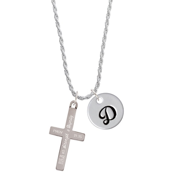 Delight Jewelry Stainless Steel Proverbs 31:25 - She is Clothed Engraved Cross - Silvertone Script Initial Disc - D - Charm Necklace, 20"+3"