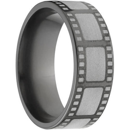 8mm Flat Black Zirconium Ring with Movie Film Lasered Around the Ring