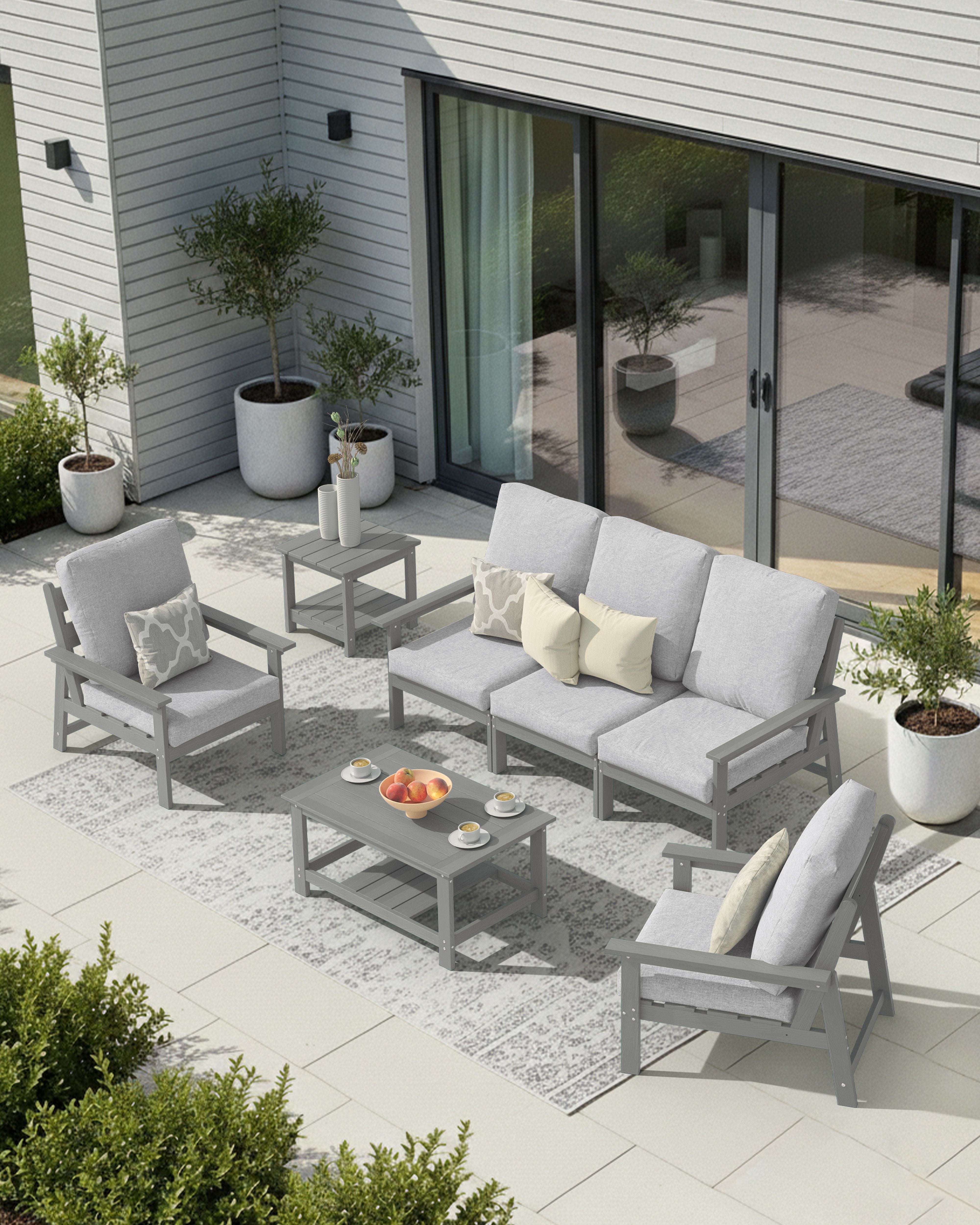Harbweb 7-Piece HDPS Outdoor Sofa Patio Furniture Set, Gray Frame with Gray Cussion