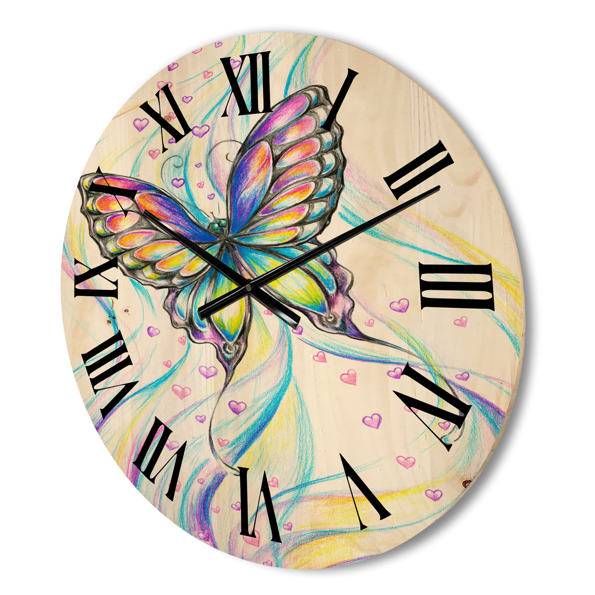 Designart 'Iridiscent Colorful Butterfly' Traditional Wood Wall Clock